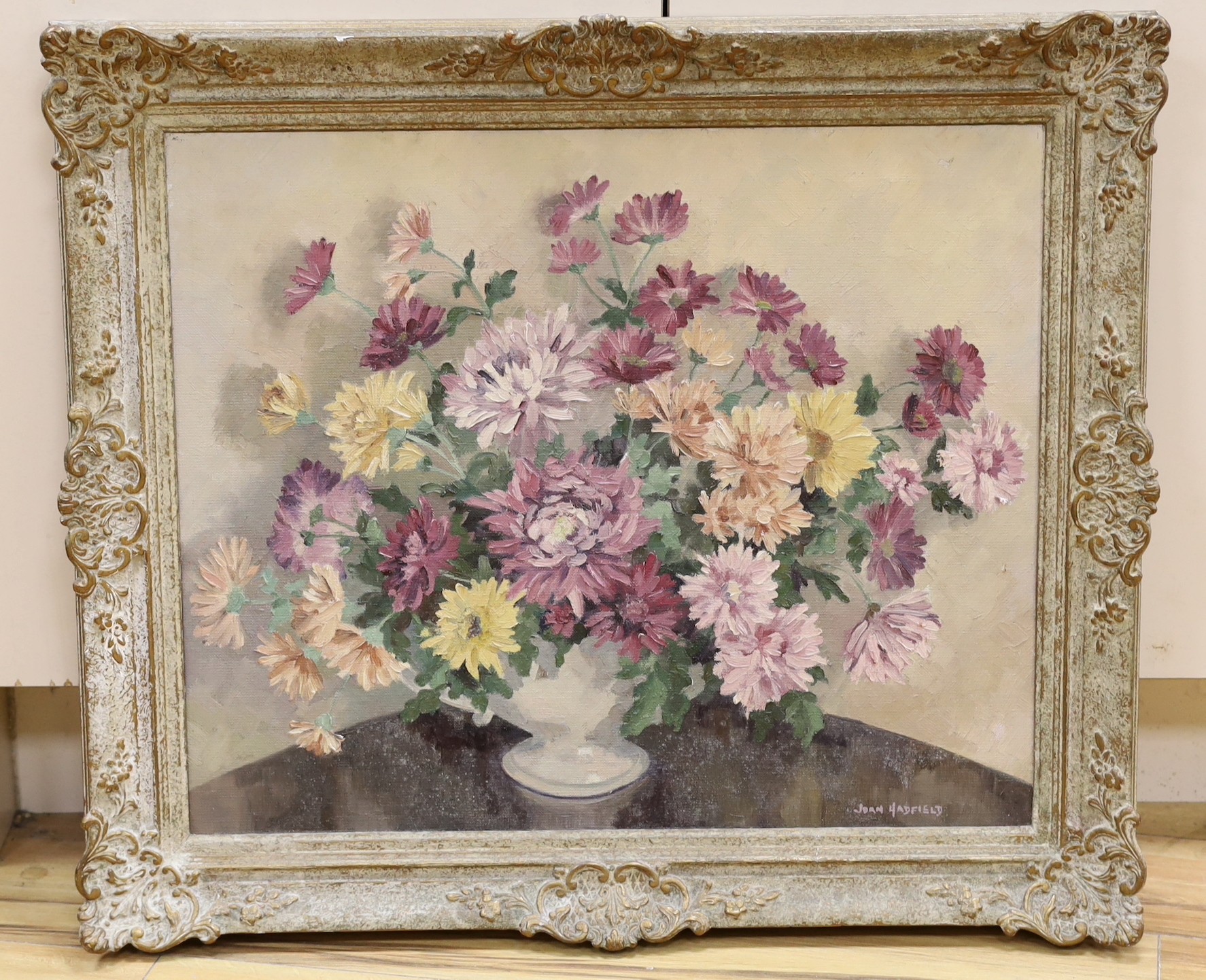 Joan Hadfield, oil on canvas, 'Chrysanthemums', signed, 50 x 60cm